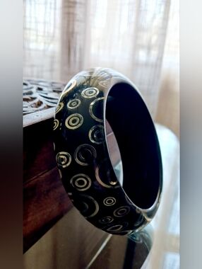 Geometric Silver Circles Black Bangle Bracelet, Lucite, 3" diameter